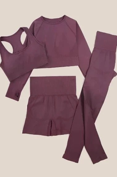 4-piece Seamless Yoga Set Yoga Clothing Awakening Ride Burgundy 4 pieces S(45-55KG) 