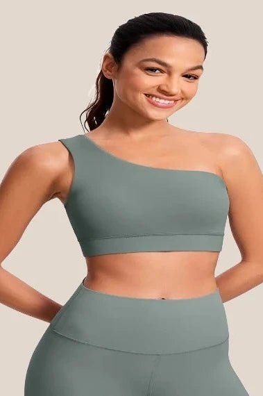 One-Shoulder Yoga Bra Yoga Clothing Awakening Ride Grey Sage US XXS(00) 