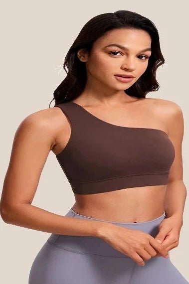 One-Shoulder Yoga Bra Yoga Clothing Awakening Ride Brown US XXS(00) 